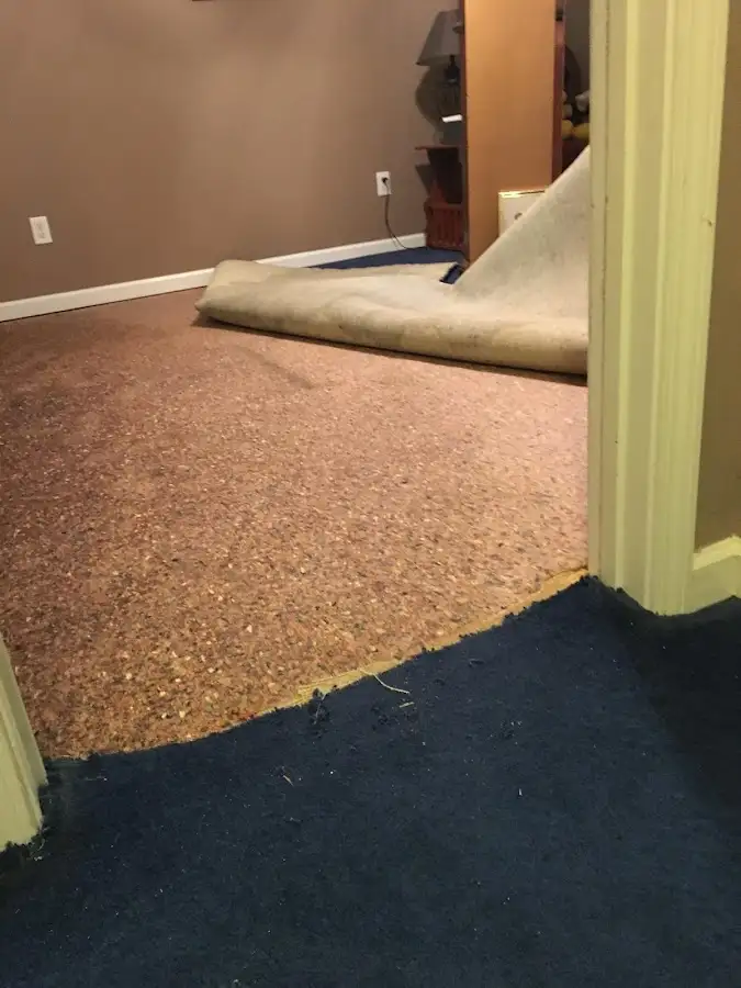 Carpet pad removal revealing water damage during Water Mitigation Services in Carrollton